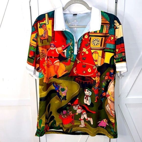 Men's Funny Circus Christmas 1/4 Zip Short Sleeve Holiday Shirt Size Medium - Picture 3 of 14